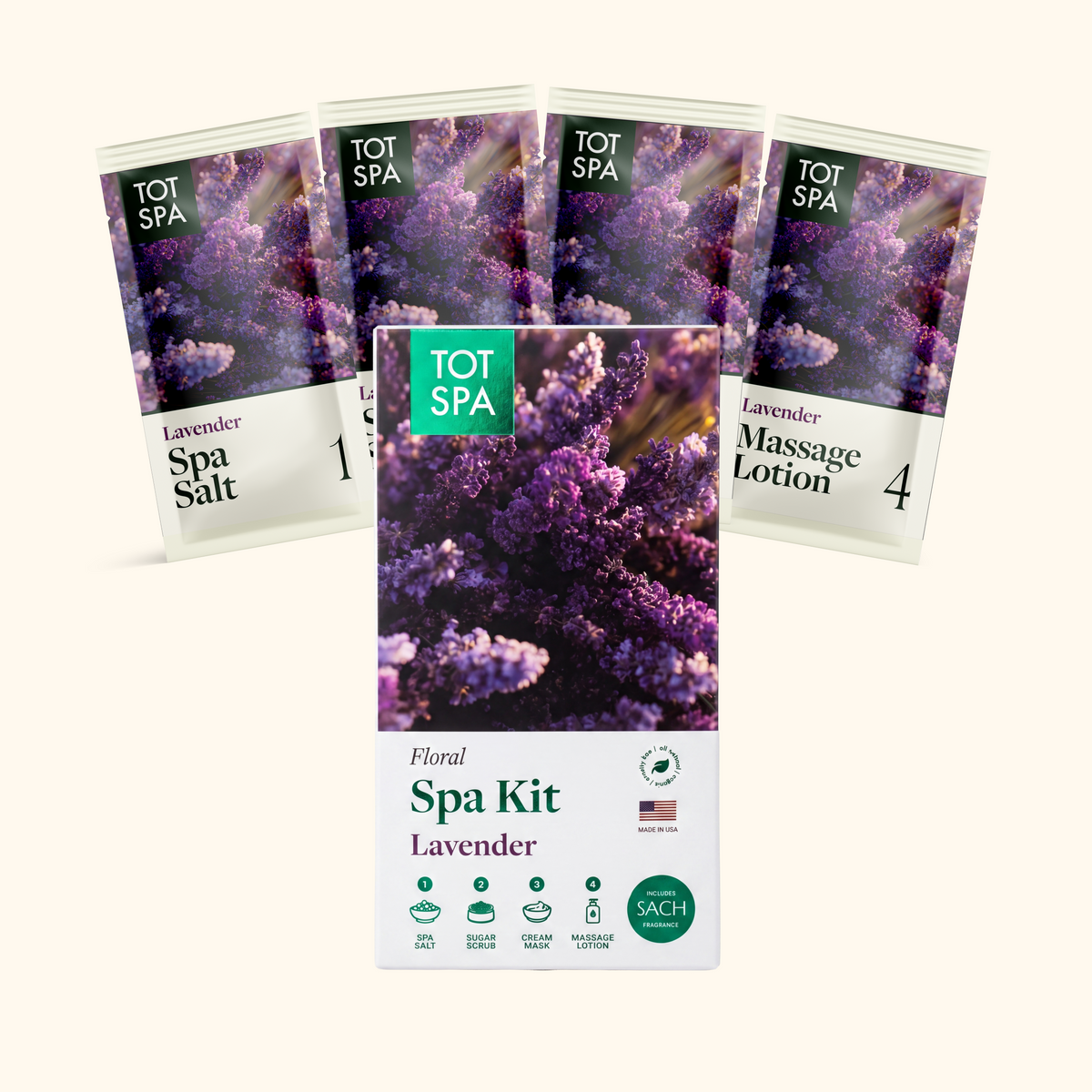 TOT SPA 4 Step Spa Kit + SACH Fragrance Rose pouch spread