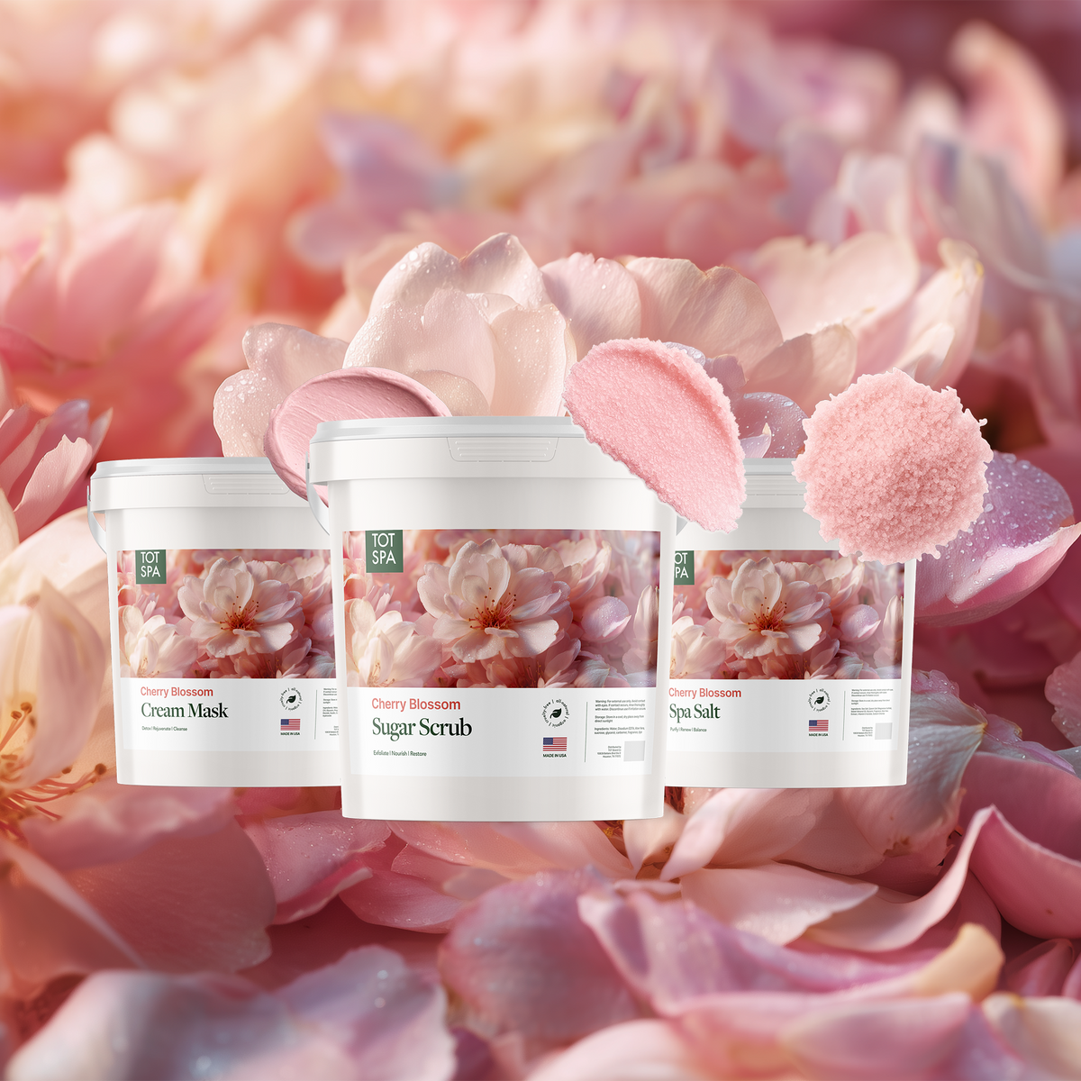 TOT Cherry Blossom 3 Spa Bundle - cream mask, sugar scrub and spa salt in Cherry Blossom