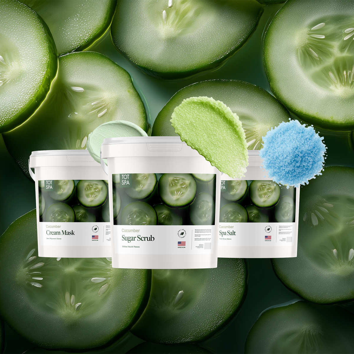 TOT Cucumber 3 Spa Bundle - cream mask, sugar scrub and spa salt in Cucumber