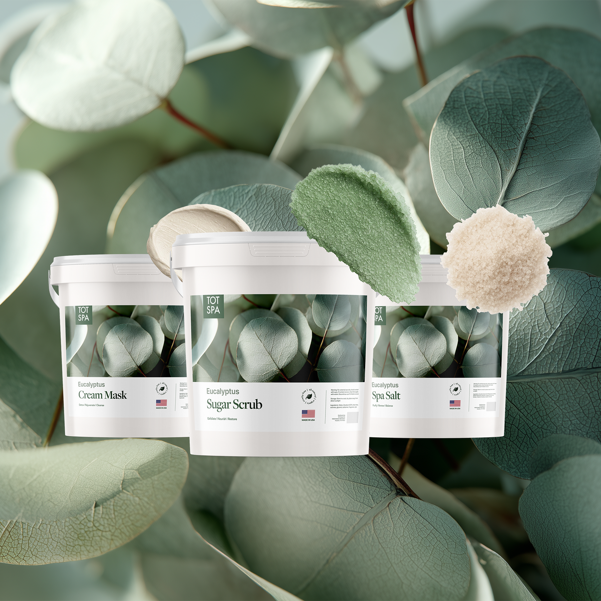 TOT Eucalyptus 3 Spa Bundle - cream mask, sugar scrub and spa salt in Eucalyptus
