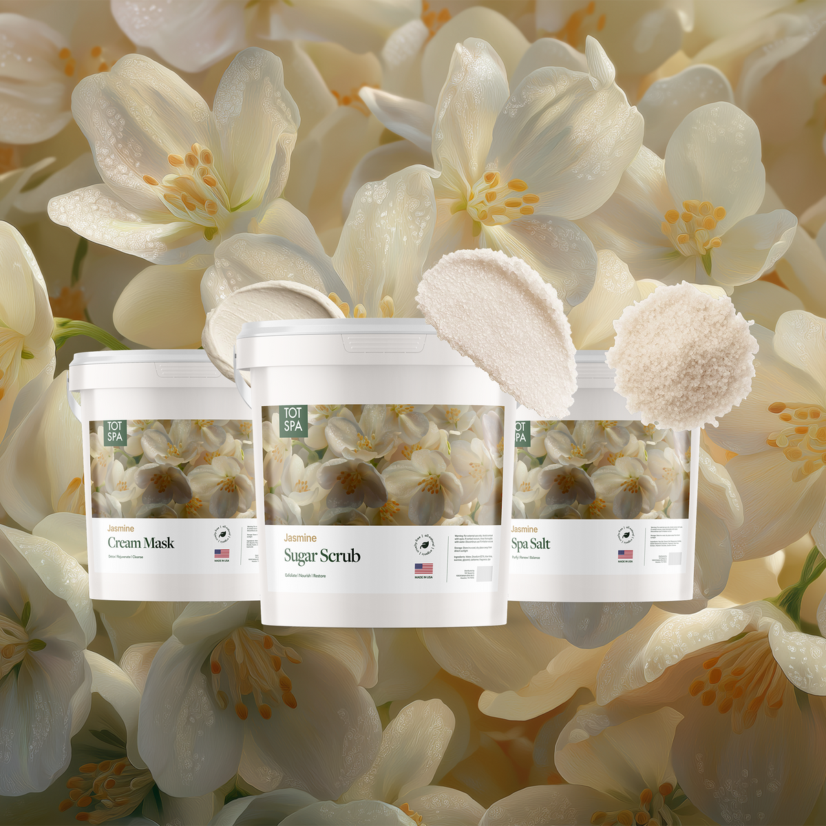 TOT Jasmine 3 Spa Bundle - cream mask, sugar scrub and spa salt in Jasmine