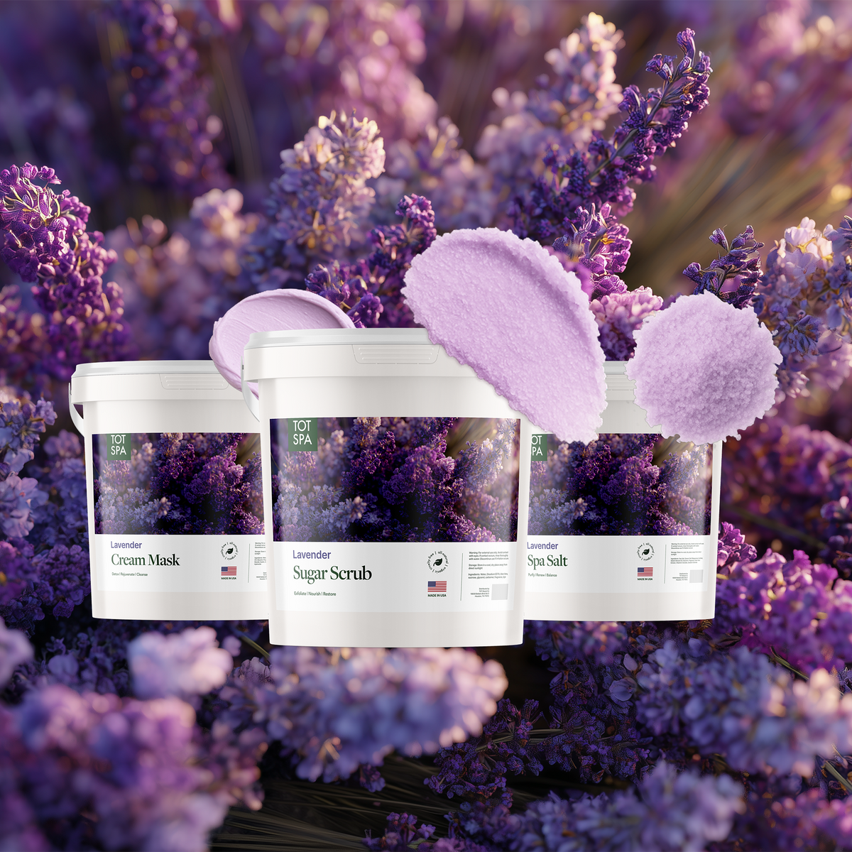 TOT Lavender 3 Spa Bundle - cream mask, sugar scrub and spa salt in Lavender