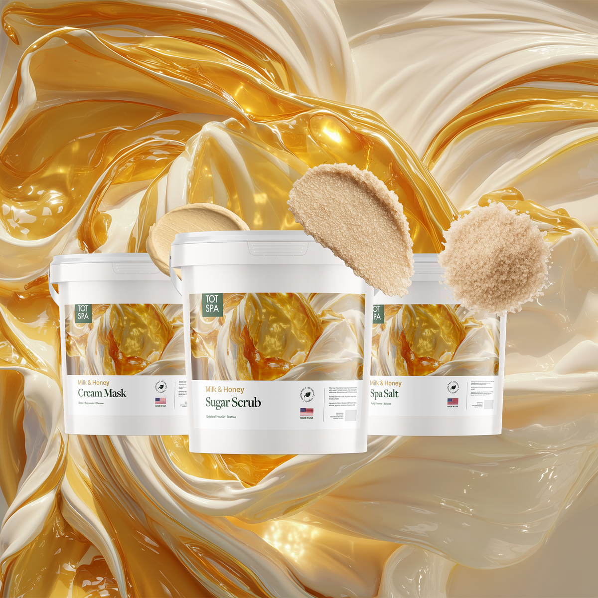 TOT Milk & Honey 3 Spa Bundle - cream mask, sugar scrub and spa salt in Milk & Honey
