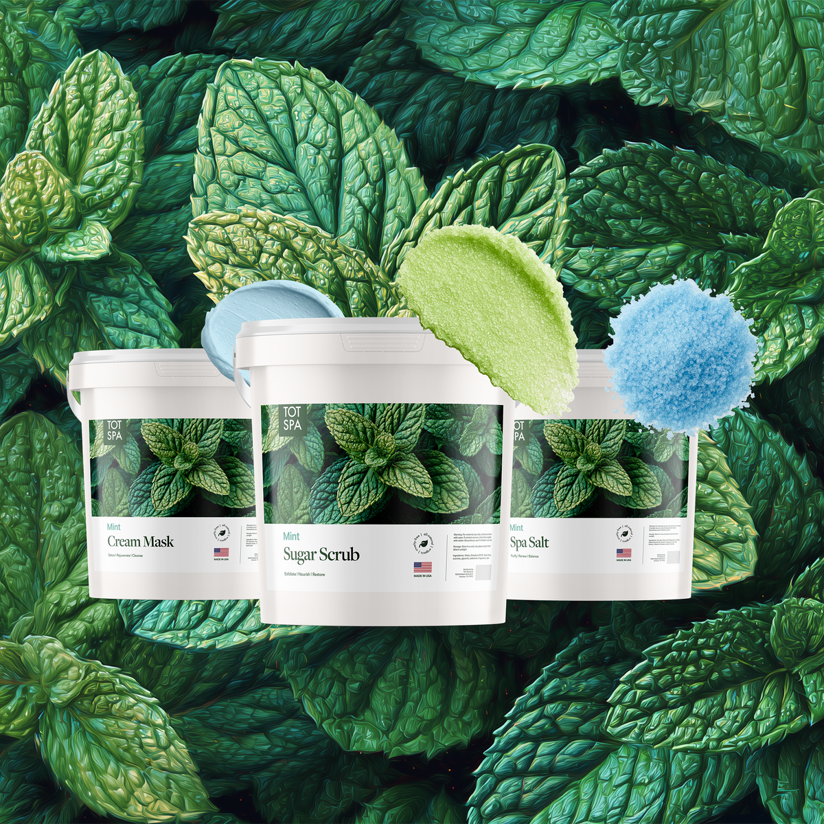 TOT Mint 3 Spa Bundle - cream mask, sugar scrub and spa salt in Mint