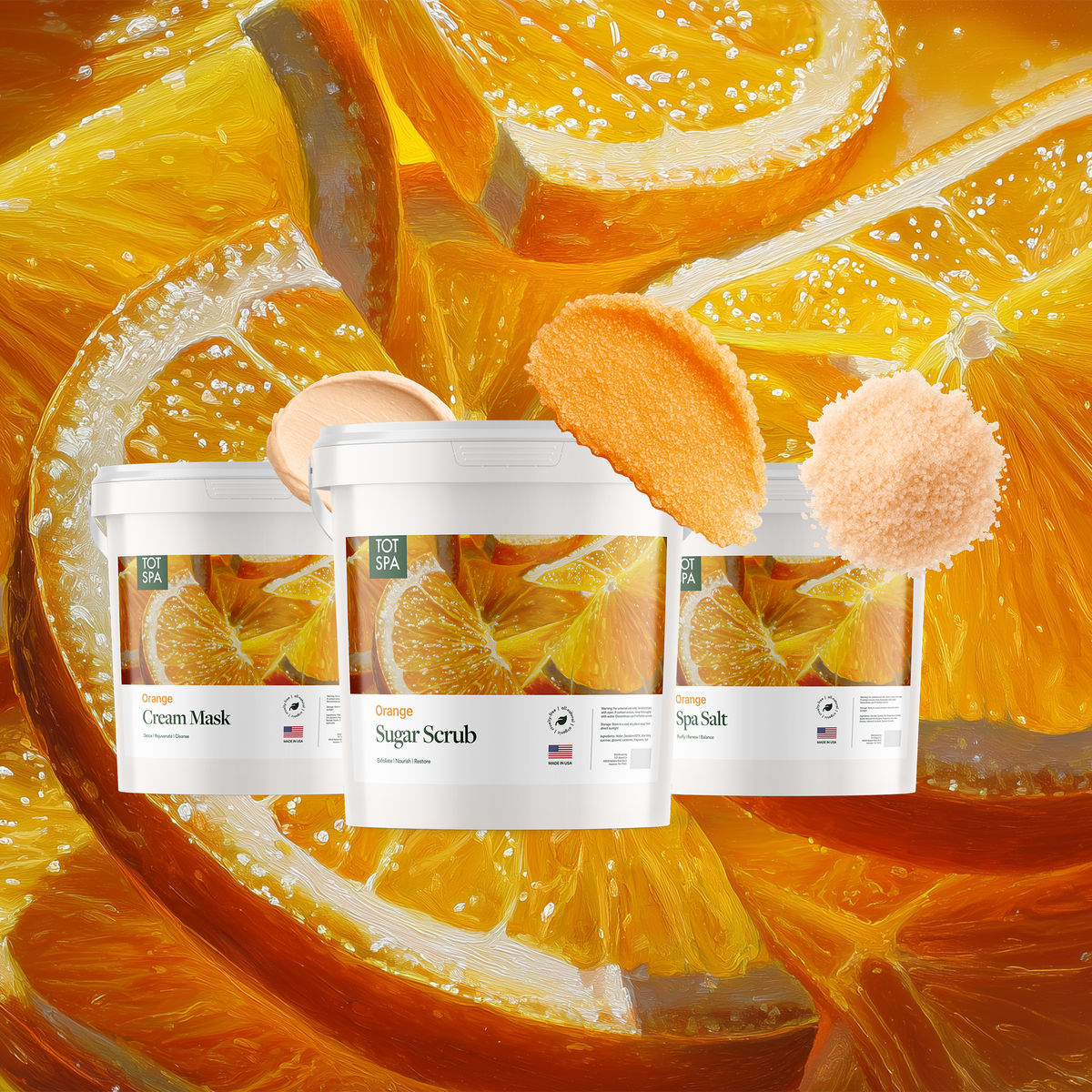 TOT Orange 3 Spa Bundle - cream mask, sugar scrub and spa salt in Orange