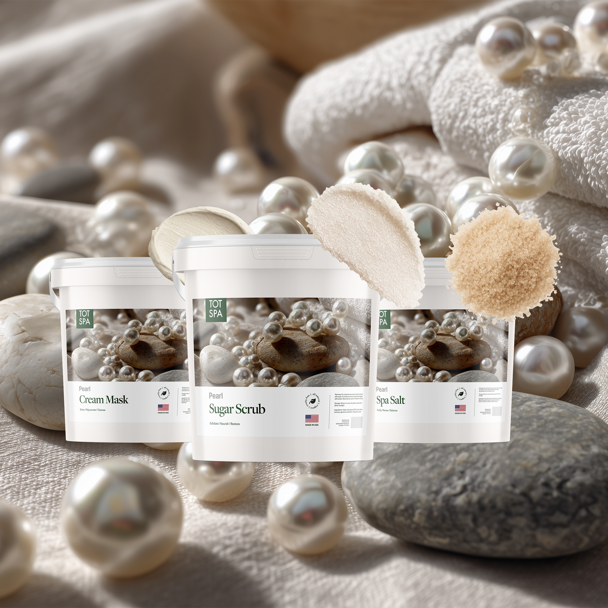 TOT Pearl 3 Spa Bundle - cream mask, sugar scrub and spa salt in Pearl