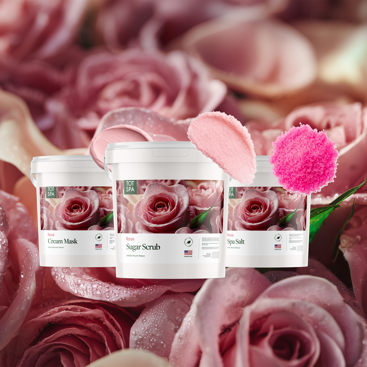 TOT Rose 3 Spa Bundle - cream mask, sugar scrub and spa salt in Rose