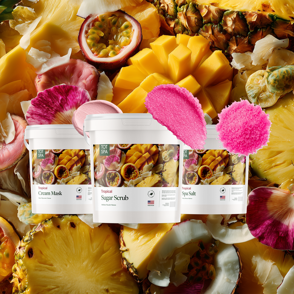 TOT Tropical 3 Spa Bundle - cream mask, sugar scrub and spa salt in Tropical
