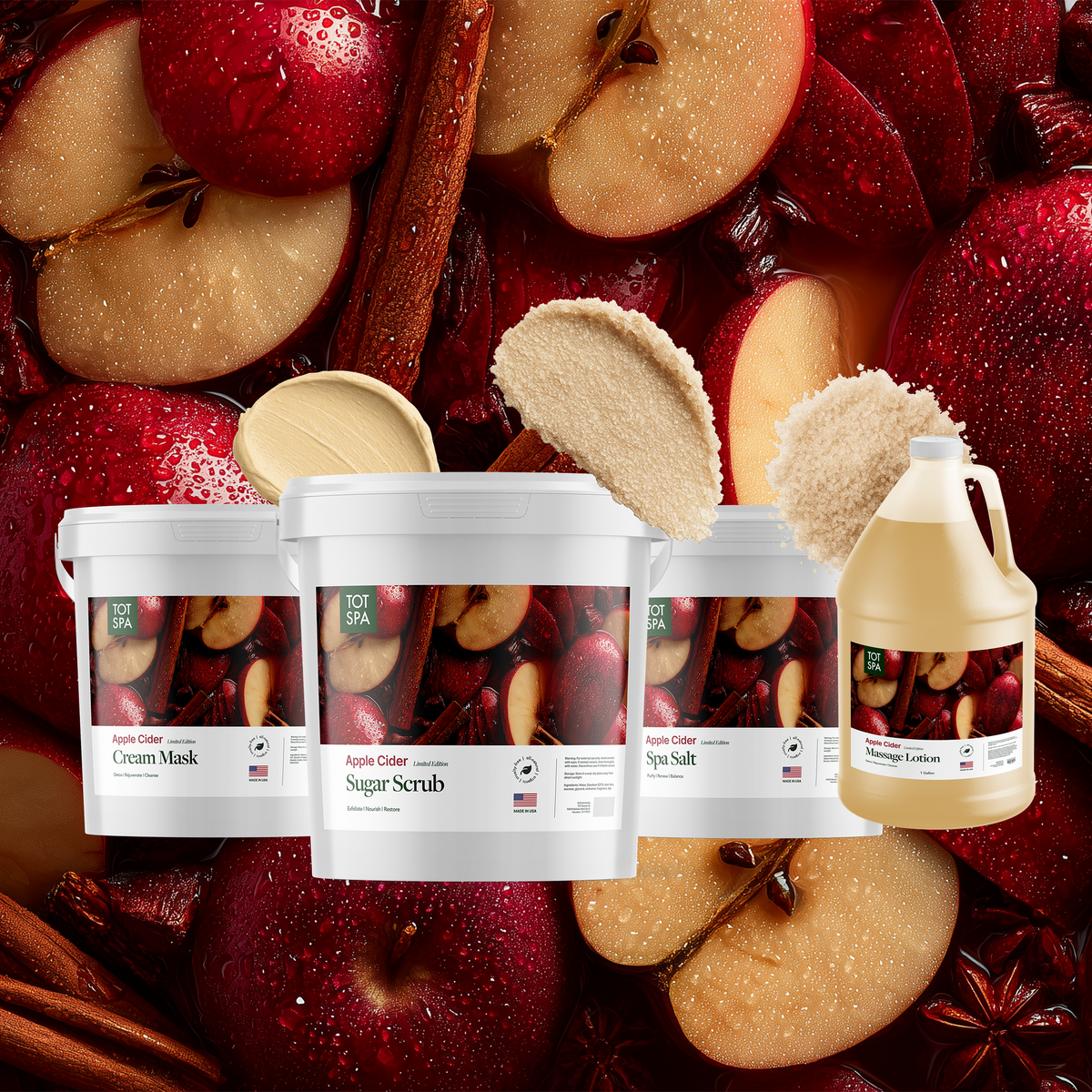 TOT Apple Cider 4 Spa Bundle - cream mask, sugar scrub, spa salt and massage lotion in Apple Cider