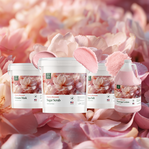 TOT Cherry Blossom 4 Spa Bundle - cream mask, sugar scrub, spa salt and massage lotion in Cherry Blossom
