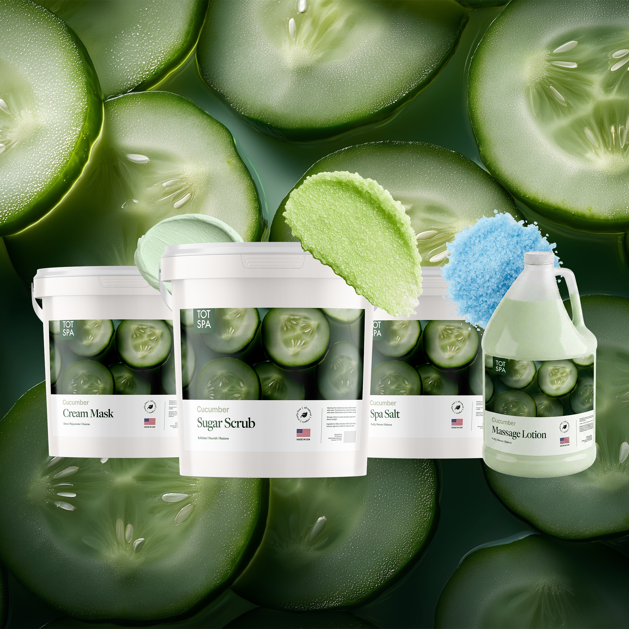 TOT Cucumber 4 Spa Bundle - cream mask, sugar scrub, spa salt and massage lotion in Cucumber