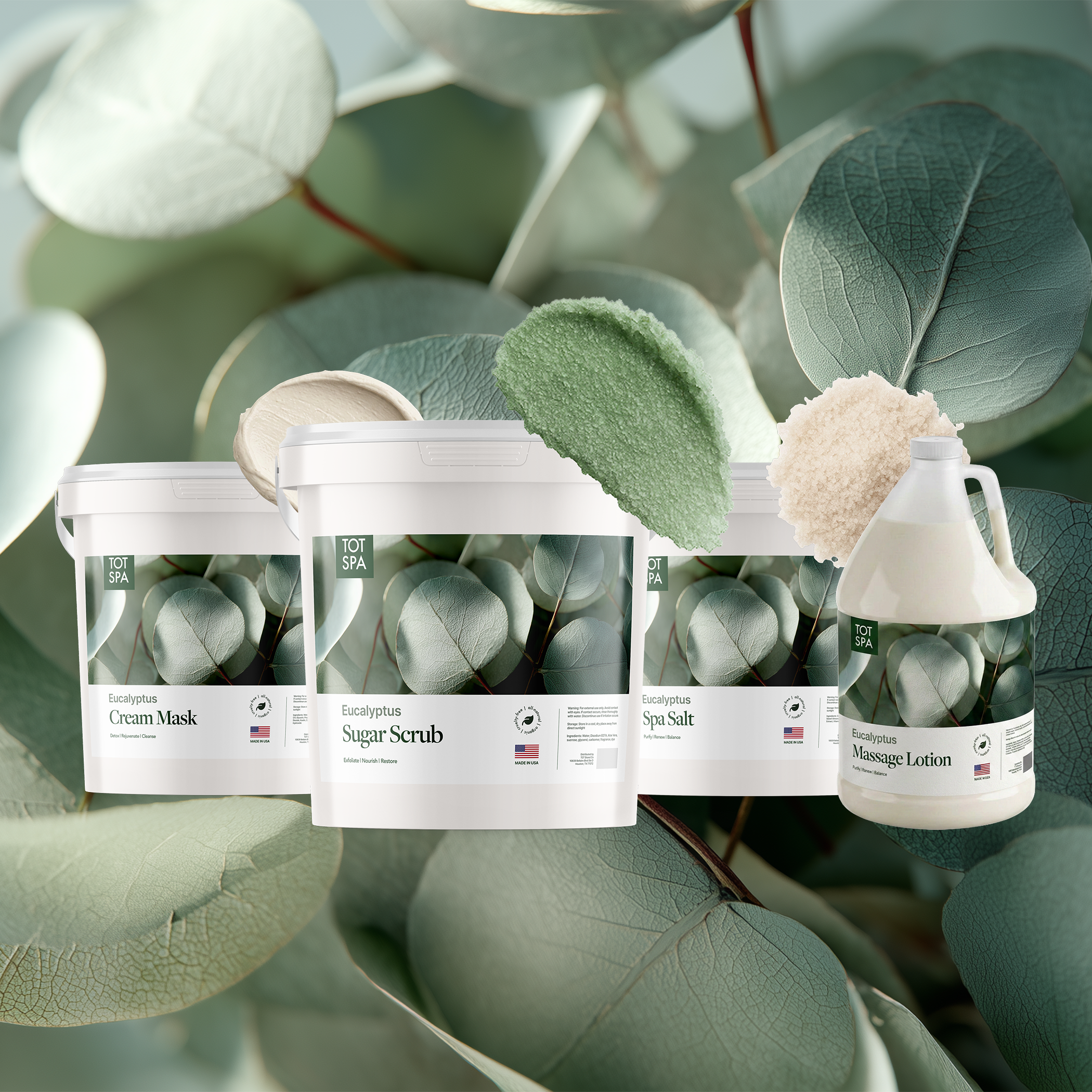 TOT Eucalyptus 4 Spa Bundle - cream mask, sugar scrub, spa salt and massage lotion in Eucalyptus