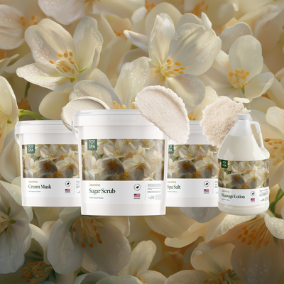 TOT Jasmine 4 Spa Bundle - cream mask, sugar scrub, spa salt and massage lotion in Jasmine