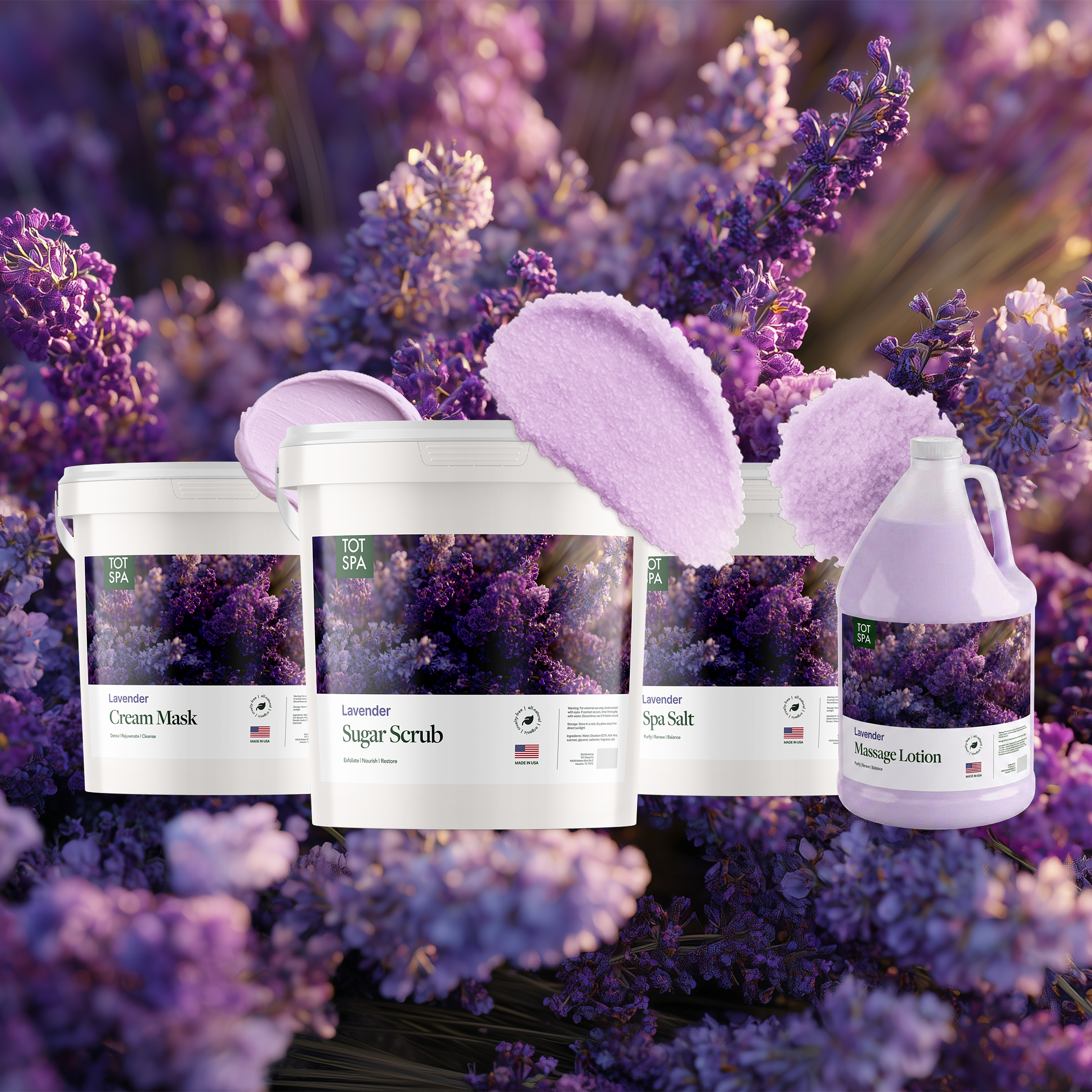 TOT Lavender 4 Spa Bundle - cream mask, sugar scrub, spa salt and massage lotion in Lavender
