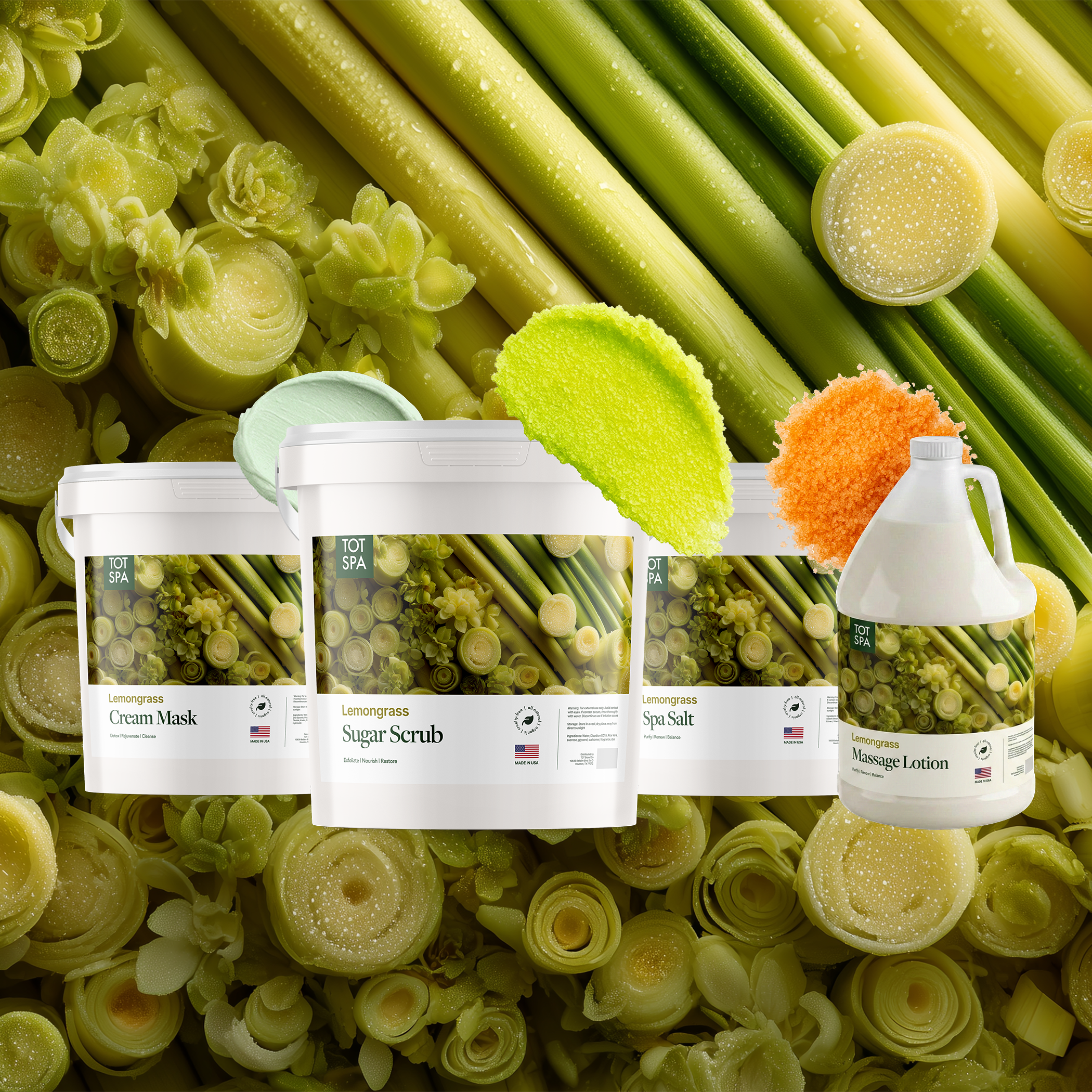 TOT Lemongrass 4 Spa Bundle - cream mask, sugar scrub, spa salt and massage lotion in Lemongrass