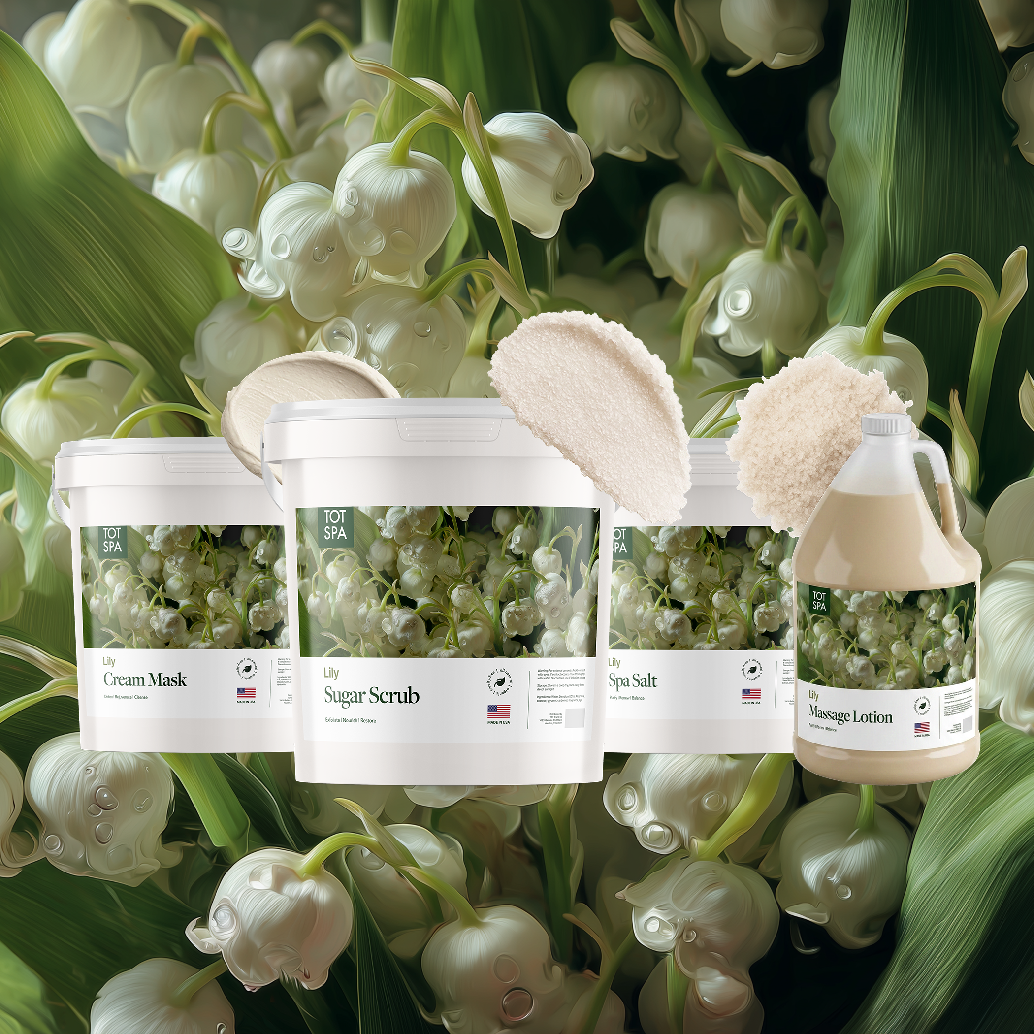 TOT Lily 4 Spa Bundle - cream mask, sugar scrub, spa salt and massage lotion in Lily