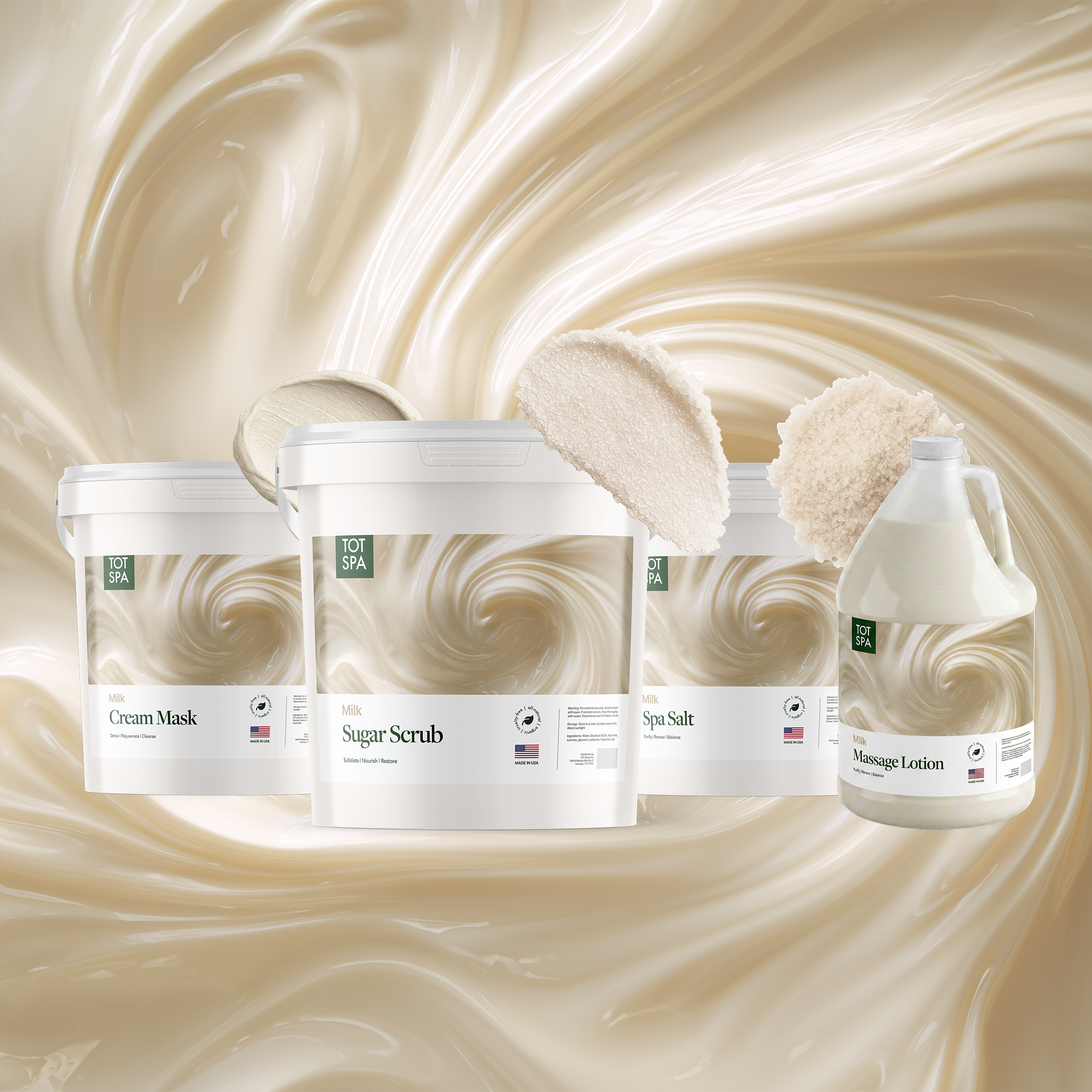 TOT Milk 4 Spa Bundle - cream mask, sugar scrub, spa salt and massage lotion in Milk