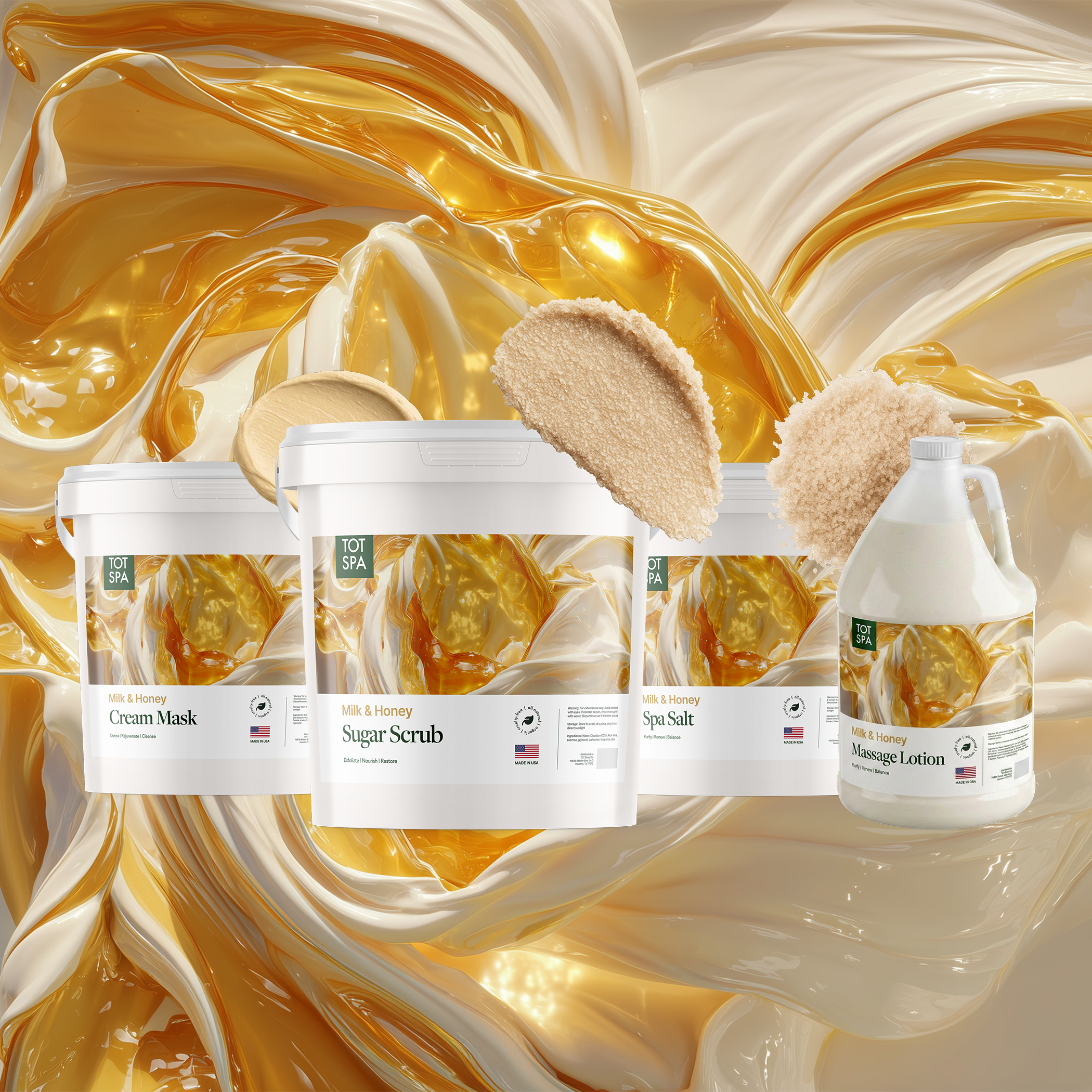 TOT Milk & Honey 4 Spa Bundle - cream mask, sugar scrub, spa salt and massage lotion in Milk & Honey