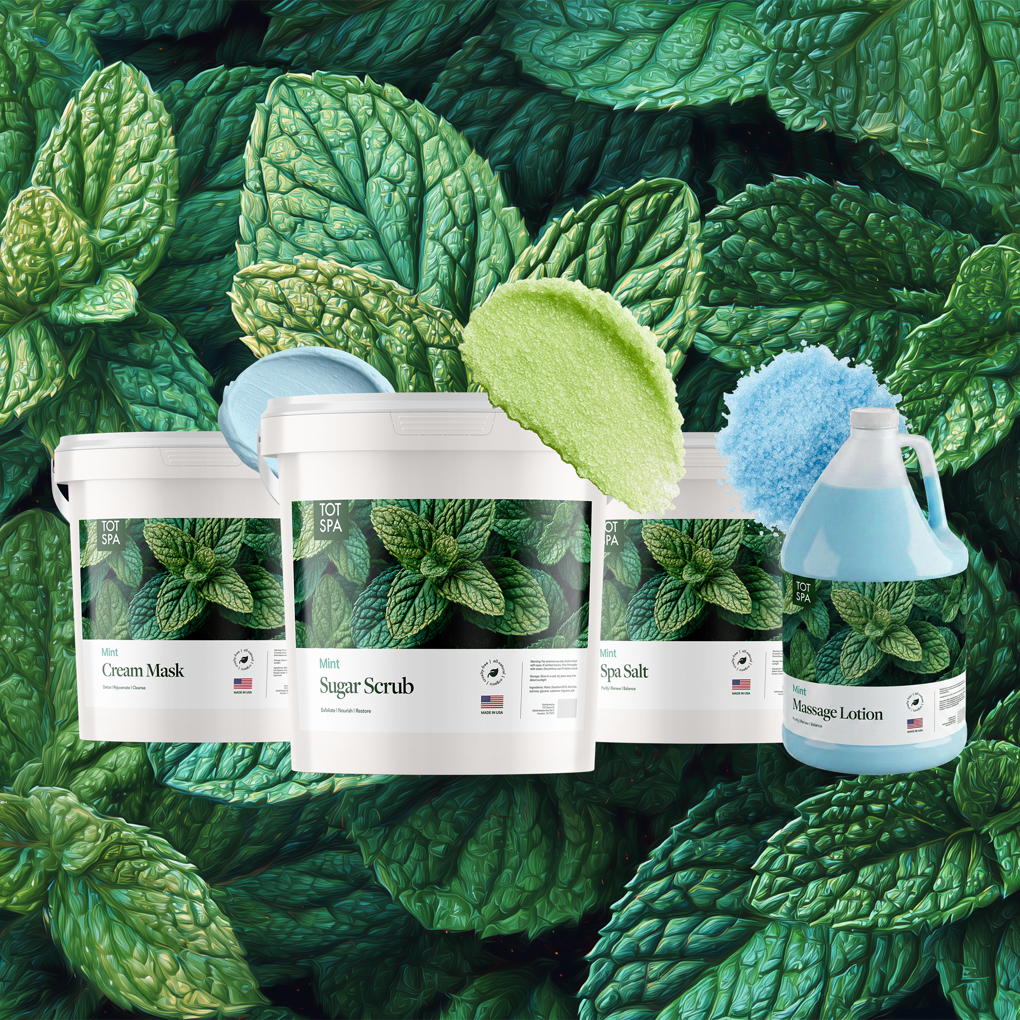 TOT Mint 4 Spa Bundle - cream mask, sugar scrub, spa salt and massage lotion in Mint