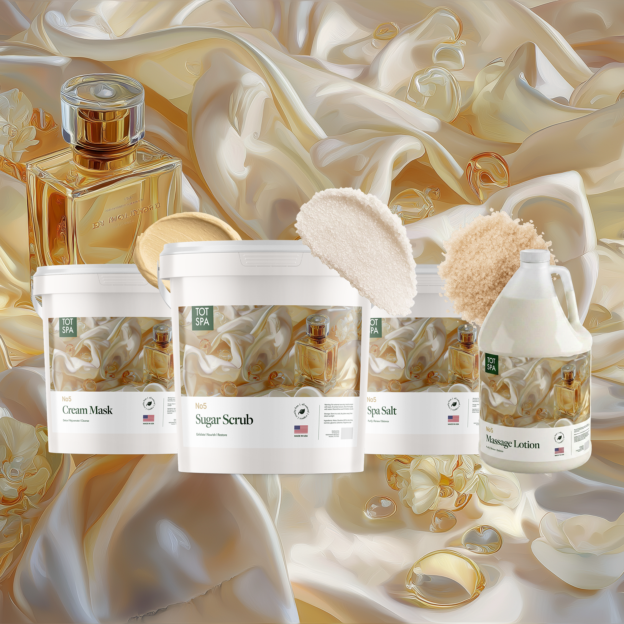 TOT No5 4 Spa Bundle - cream mask, sugar scrub, spa salt and massage lotion in No5