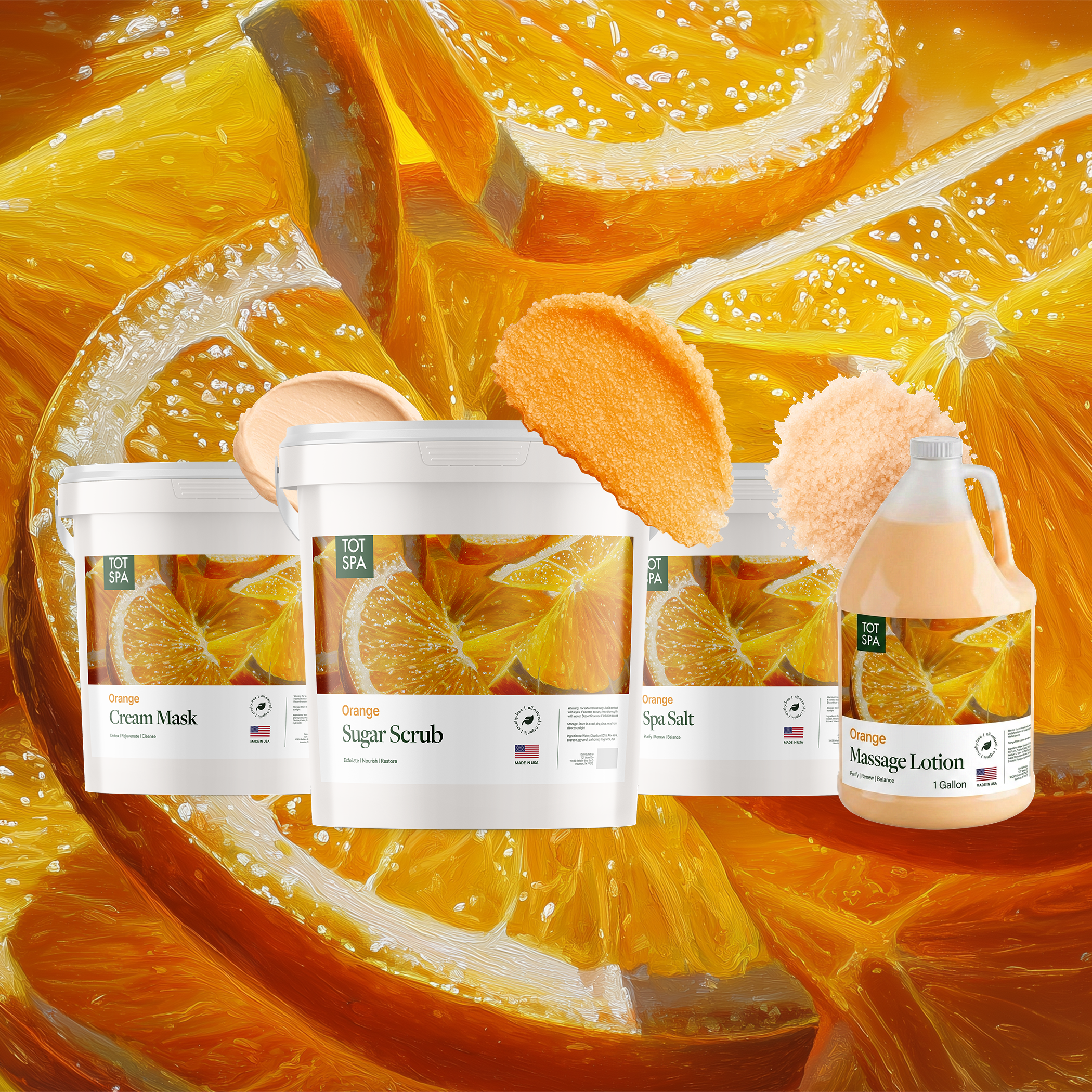 TOT Orange 4 Spa Bundle - cream mask, sugar scrub, spa salt and massage lotion in Orange