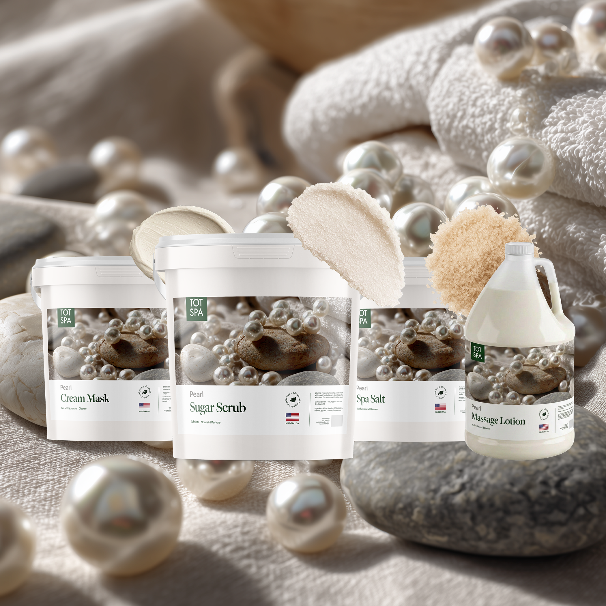 TOT Pearl 4 Spa Bundle - cream mask, sugar scrub, spa salt and massage lotion in Pearl