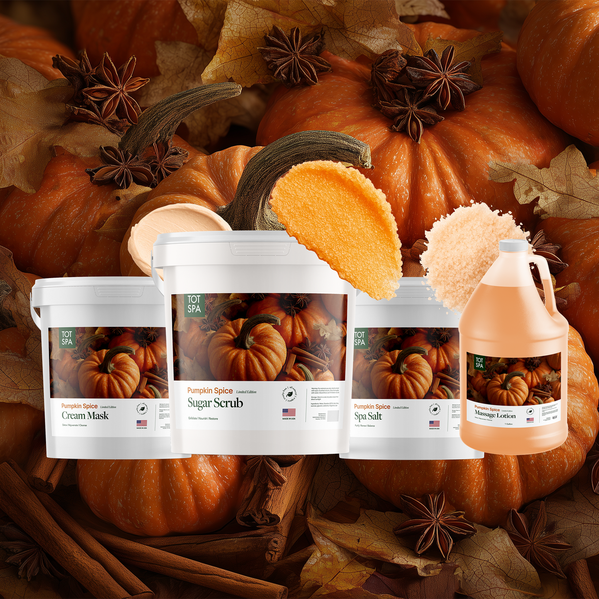 TOT Pumpkin Spice 4 Spa Bundle - cream mask, sugar scrub, spa salt and massage lotion in Pumpkin Spice