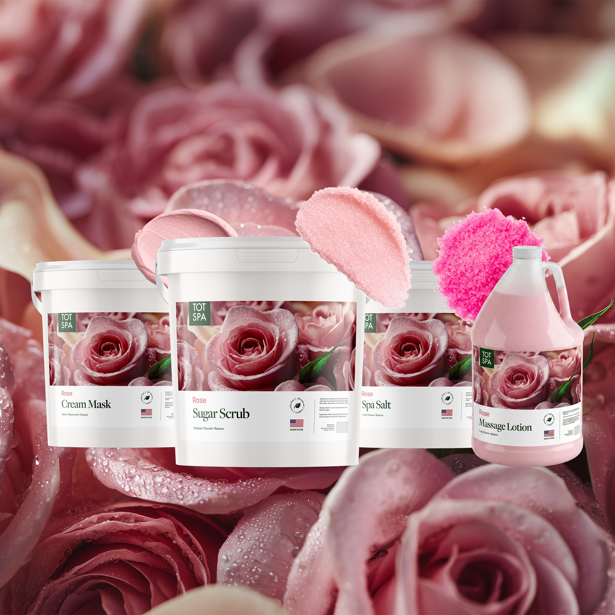 TOT Rose 4 Spa Bundle - cream mask, sugar scrub, spa salt and massage lotion in Rose