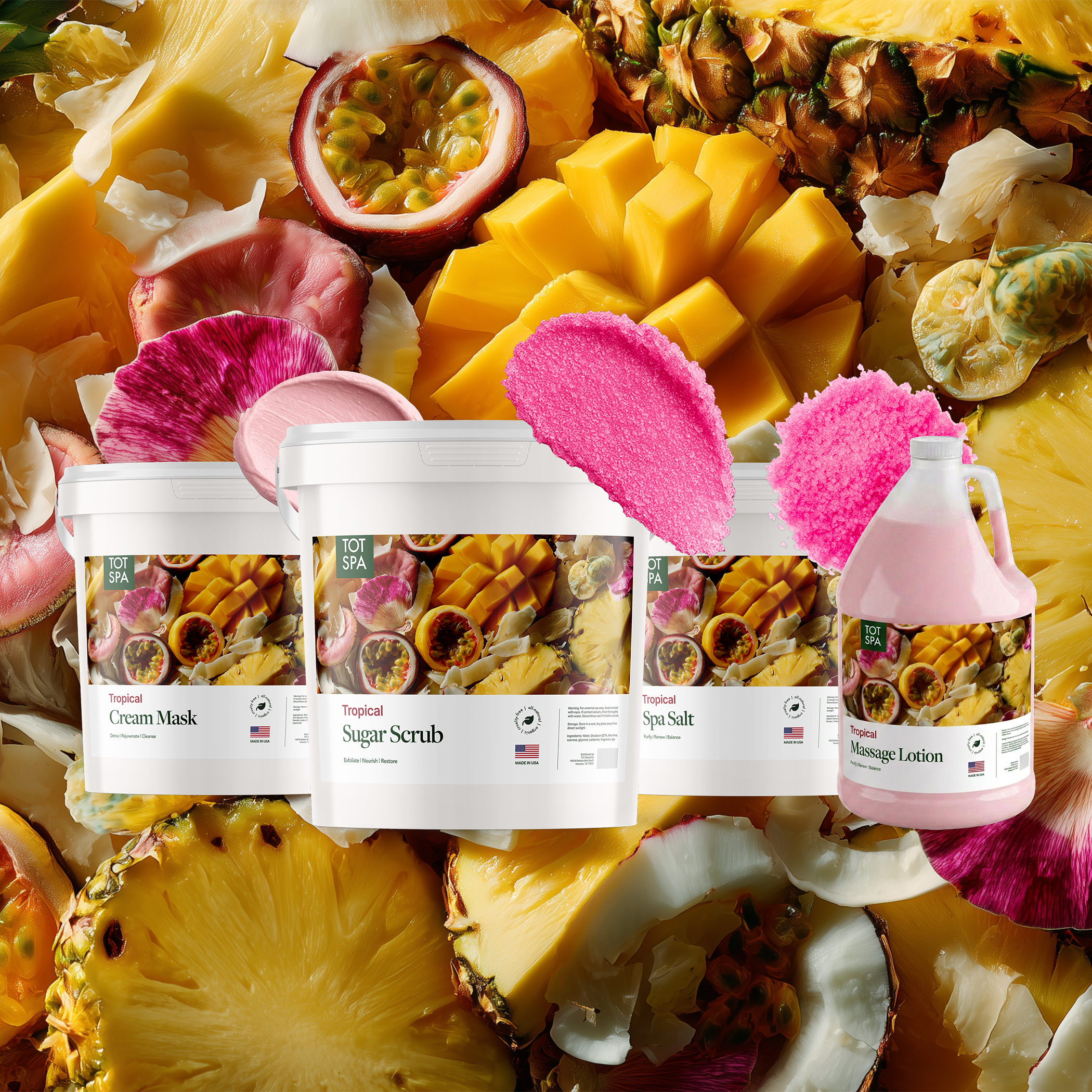 TOT Tropical 4 Spa Bundle - cream mask, sugar scrub, spa salt and massage lotion in Tropical