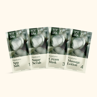 TOT SPA 4 Step Spa Kit + SACH Fragrance Eucalyptus case pouch spread