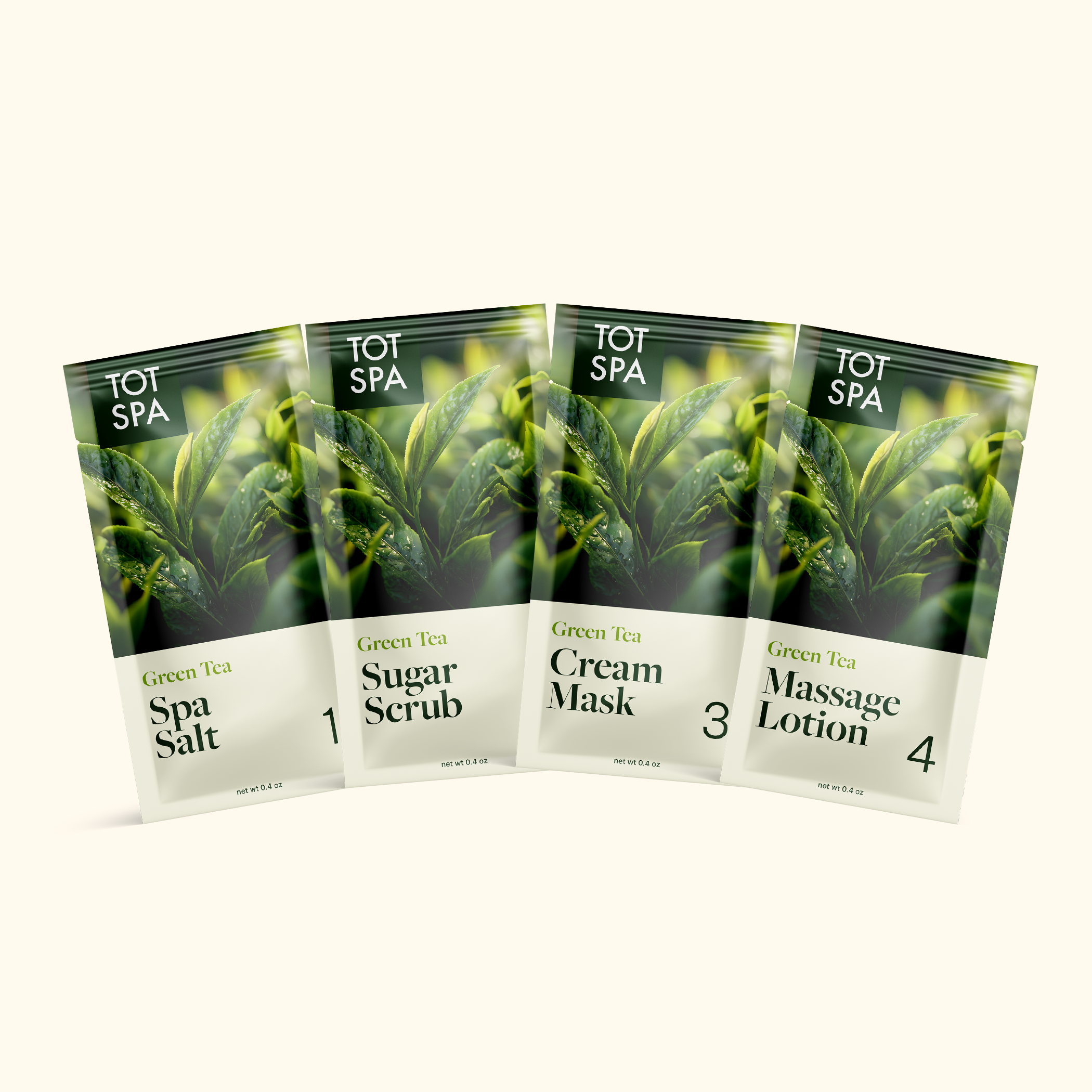 TOT SPA 4 Step Spa Kit Green Tea pouch spread