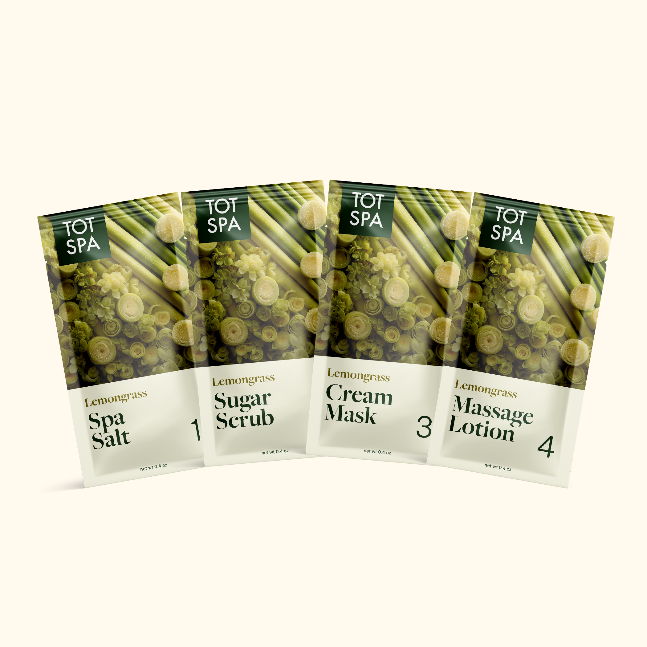 TOT SPA 4 Step Spa Kit + SACH Fragrance Lemongrass pouch spread
