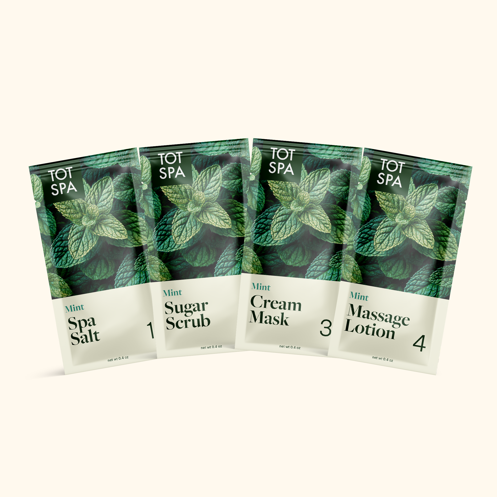 TOT SPA 4 Step Spa Kit + SACH Fragrance Mint pouch spread