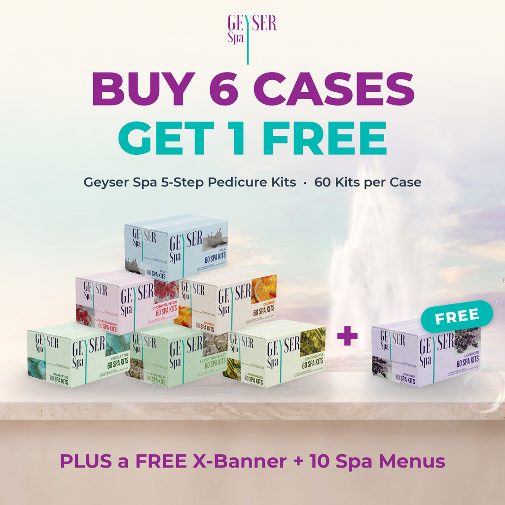 Geyser Spa Buy 6 cases get 1 free: 7 scent case bundle plus free X-banner and 10 spa menus