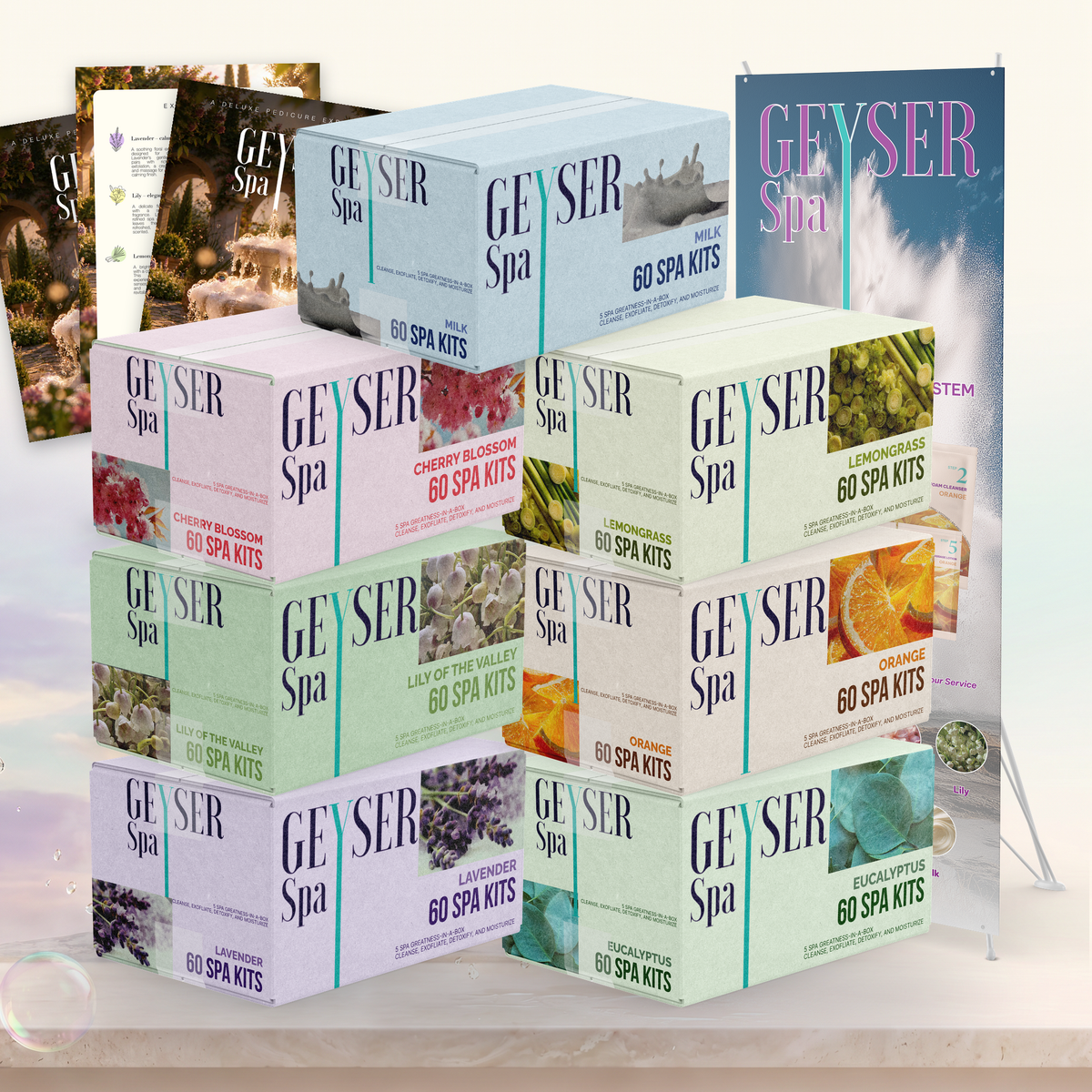 Geyser Spa 7 scent case bundle with the X-banner and laminated spa menus