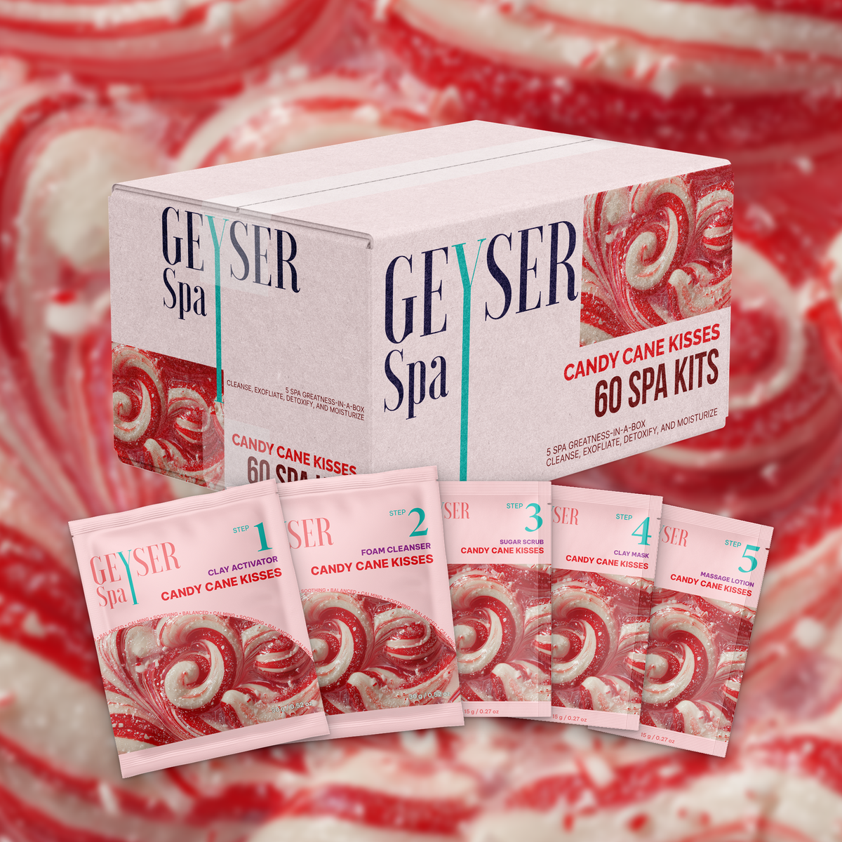 Geyser Spa 5 Step Pedicure Kit Candy Cane Kisses Case with the 5 pouches