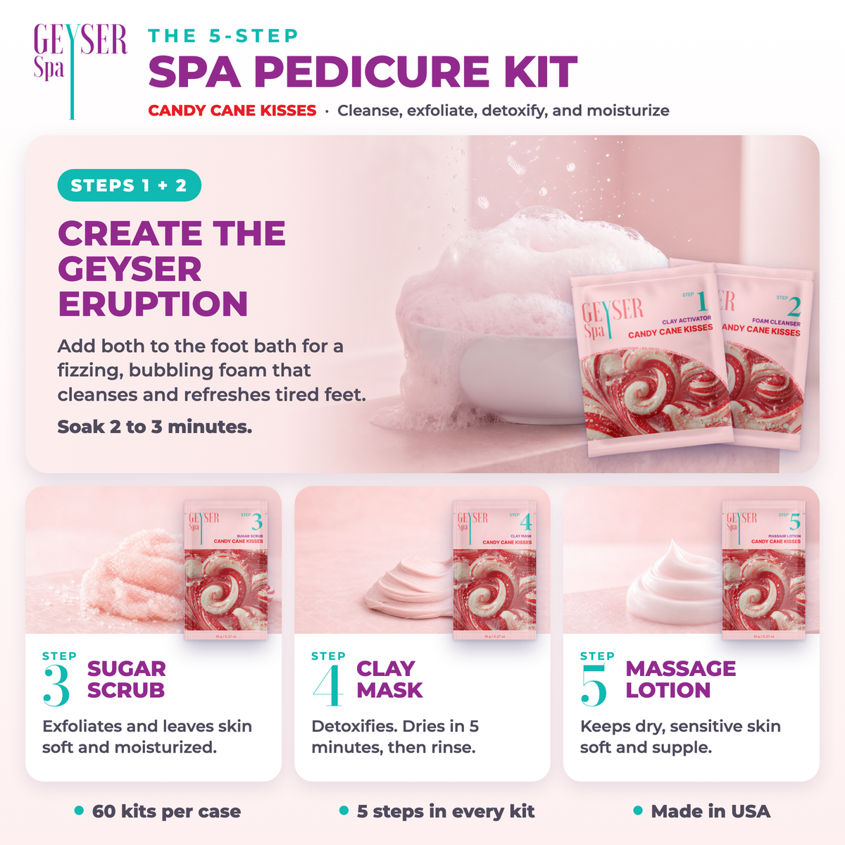 Geyser Spa 5 Step Pedicure Kit Candy Cane Kisses, how to use the 5 steps