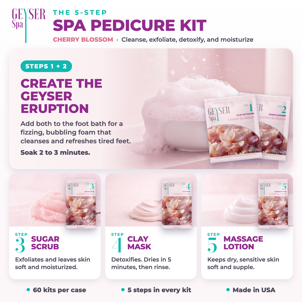 Geyser Spa 5 Step Pedicure Kit Cherry Blossom, how to use the 5 steps