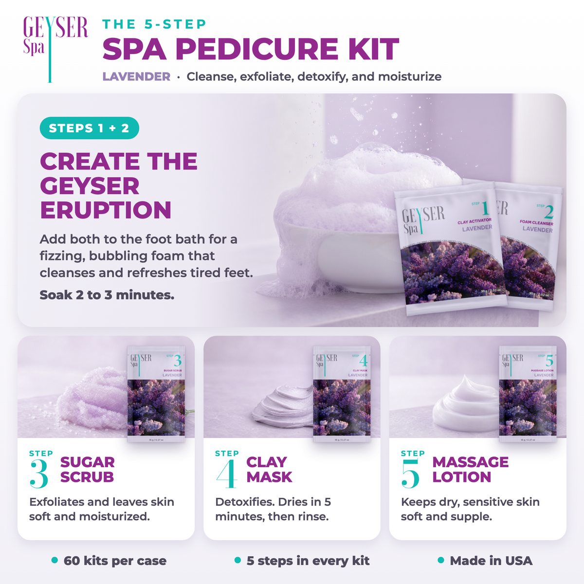 Geyser Spa 5 Step Pedicure Kit Lavender, how to use the 5 steps