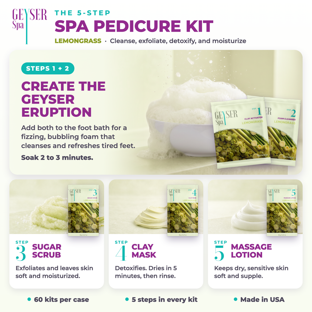 Geyser Spa 5 Step Pedicure Kit Lemongrass, how to use the 5 steps
