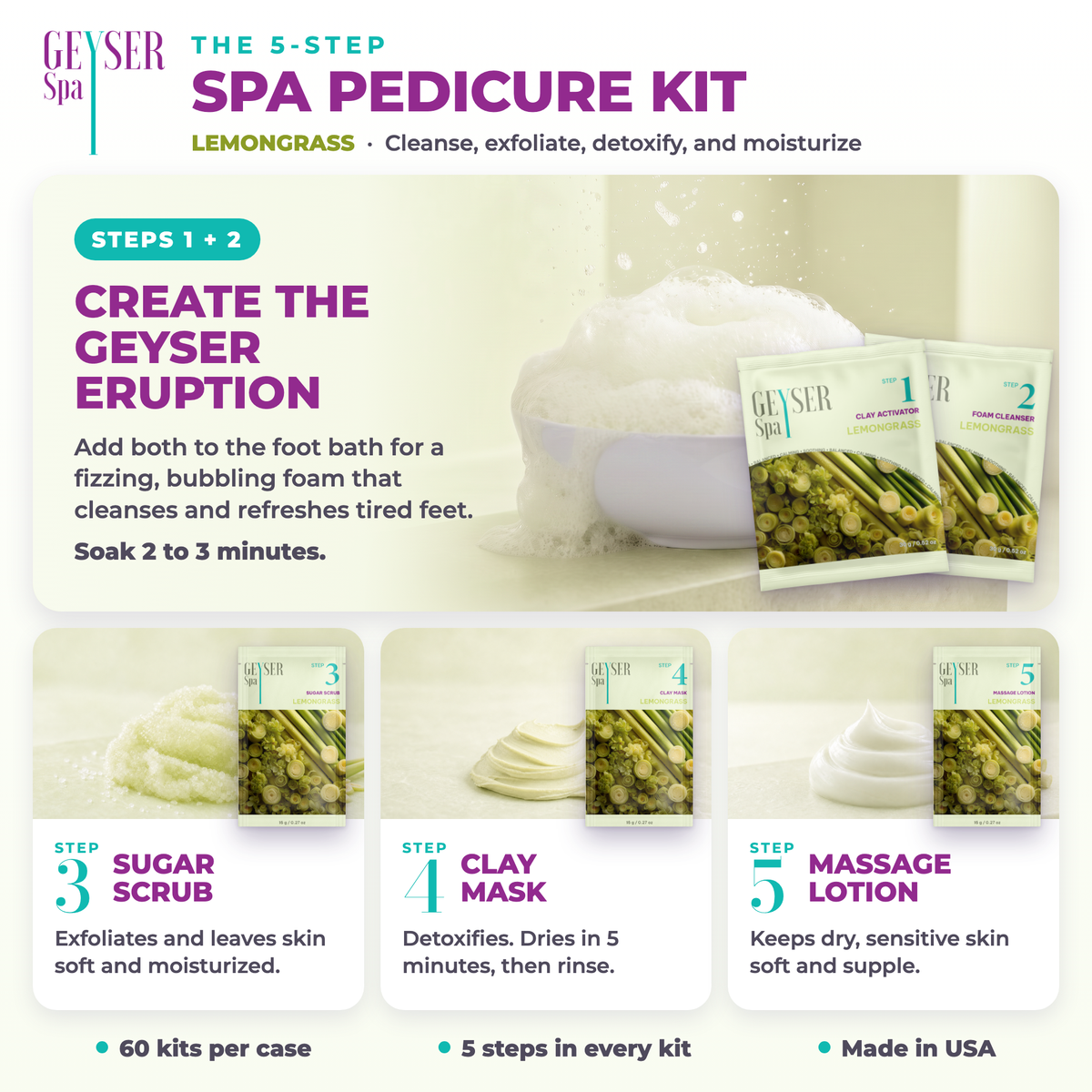 Geyser Spa 5 Step Pedicure Kit Lemongrass, how to use the 5 steps