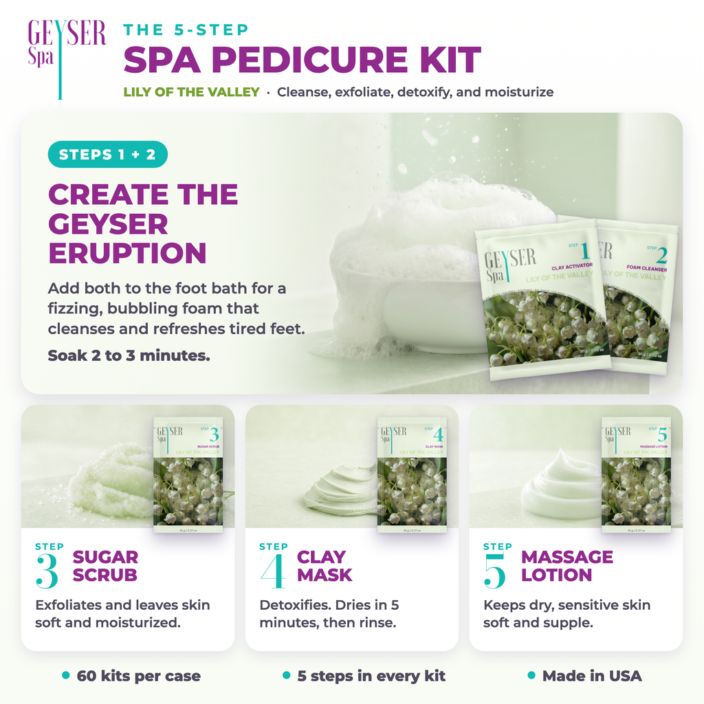 Geyser Spa 5 Step Pedicure Kit Lily of the Valley, how to use the 5 steps