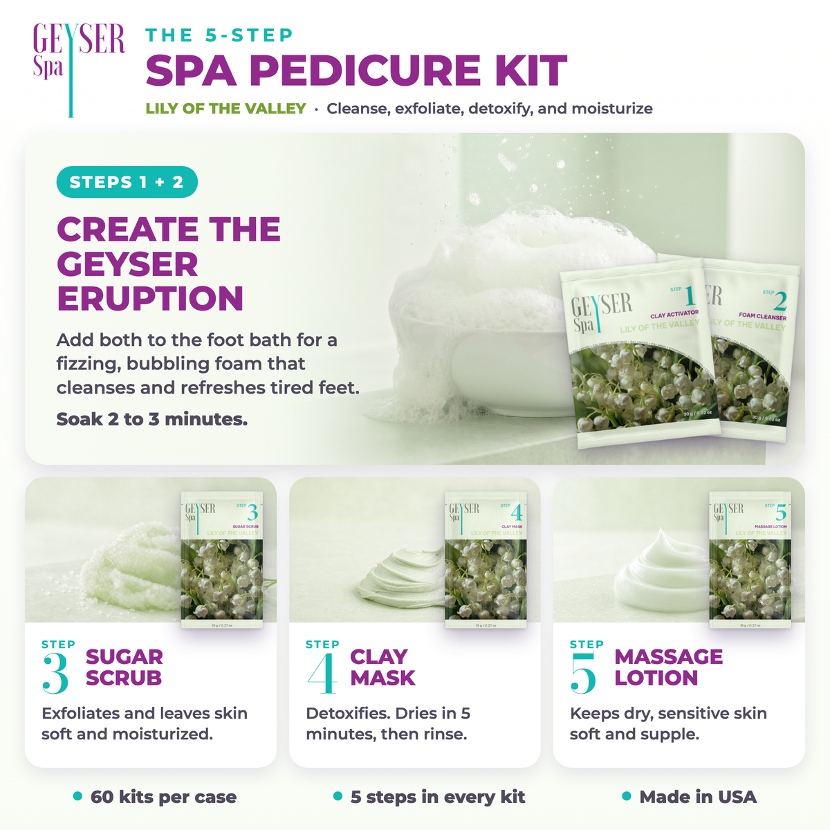 Geyser Spa 5 Step Pedicure Kit Lily of the Valley, how to use the 5 steps