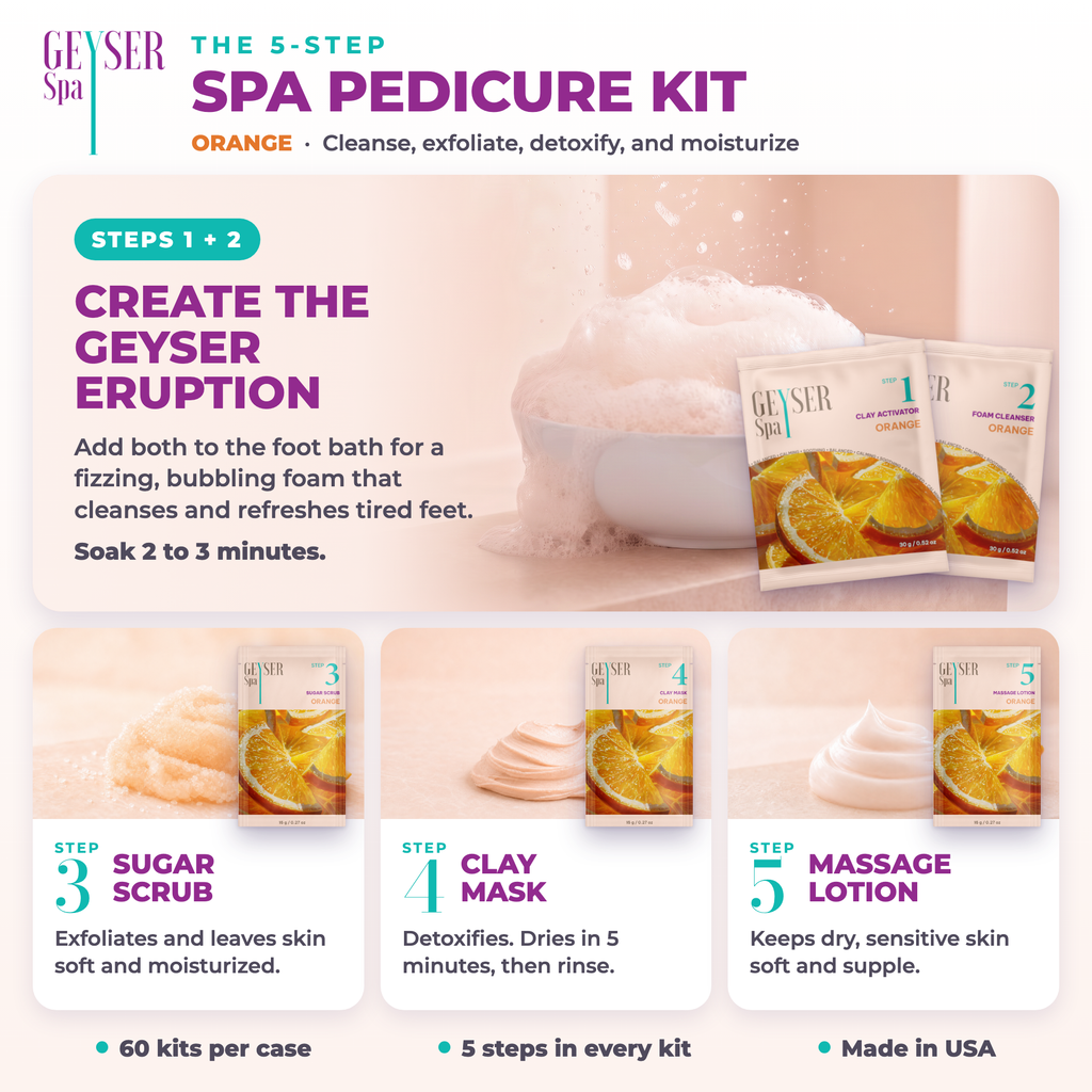 Geyser Spa 5 Step Pedicure Kit Orange, how to use the 5 steps