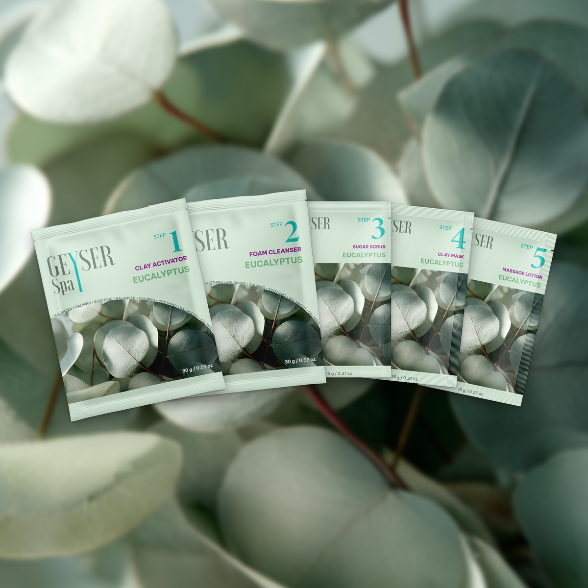 Geyser Spa 5 Step Pedicure Kit Eucalyptus, all 5 pouches
