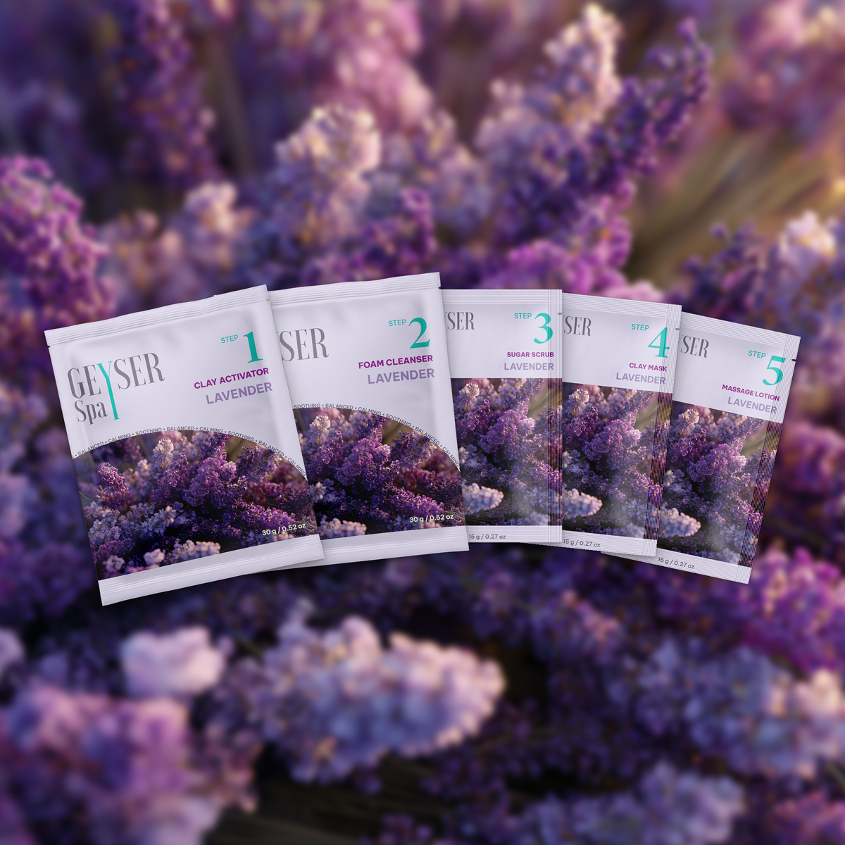 Geyser Spa 5 Step Pedicure Kit Lavender, all 5 pouches