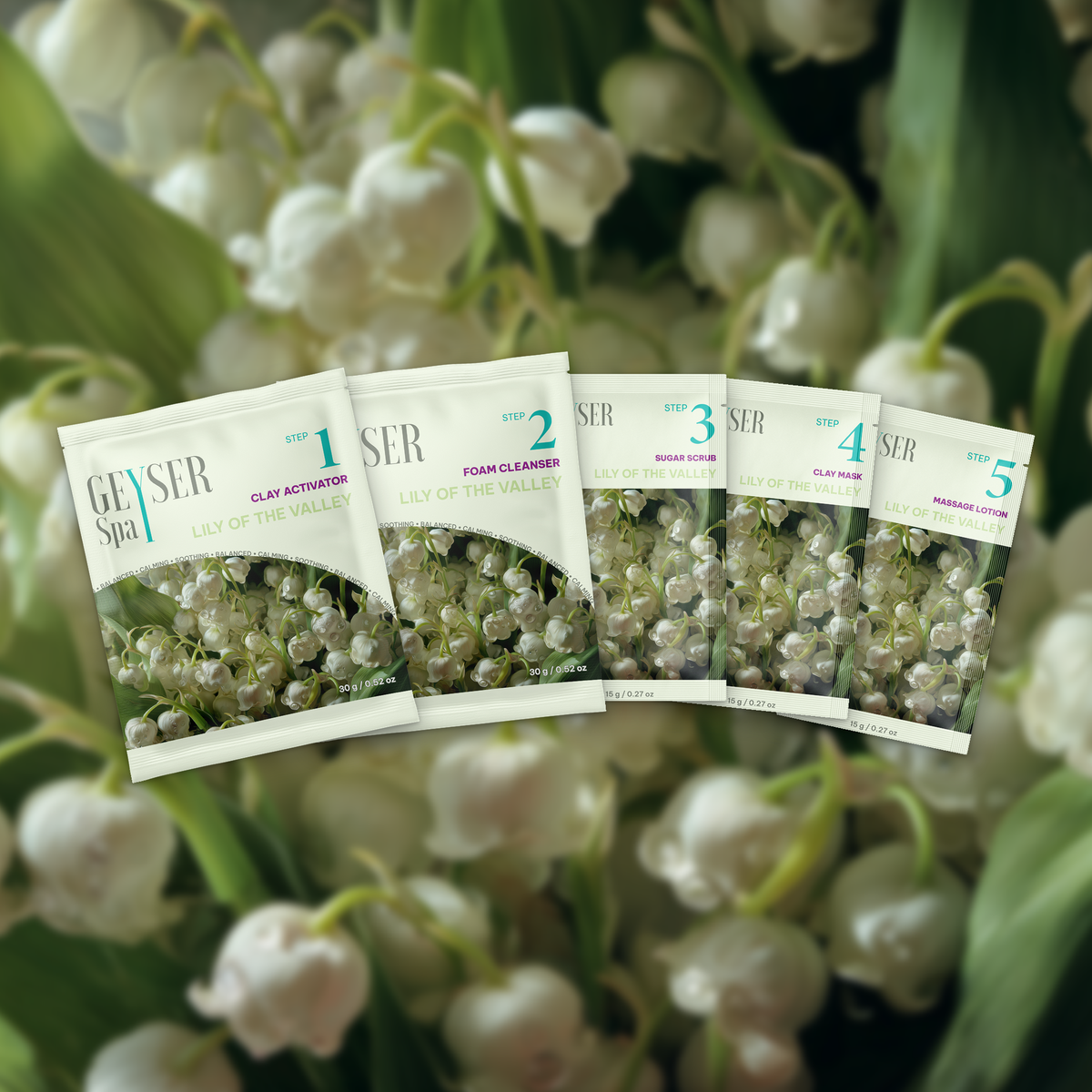 Geyser Spa 5 Step Pedicure Kit Lily of the Valley, all 5 pouches
